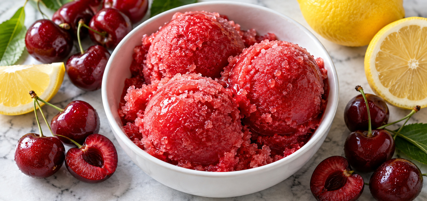 Cherry lemonade Italian ice topped with a cherry