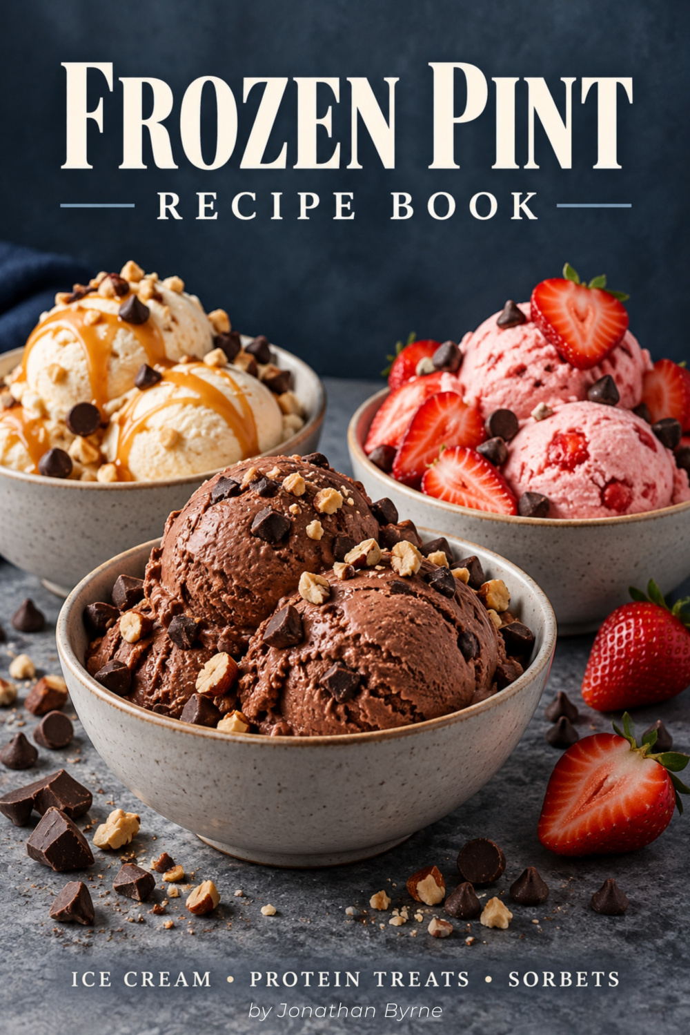 Frozen Pint Recipe Book cover, showing bowls of chocolate, caramel, and strawberry ice cream