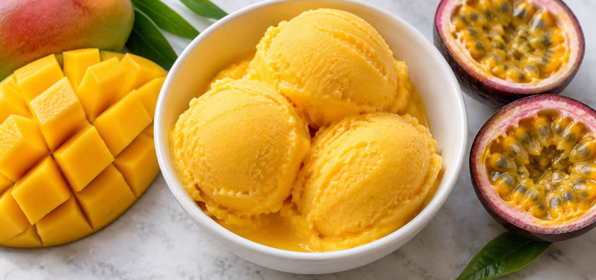 Mango passion fruit sorbet with fresh mint