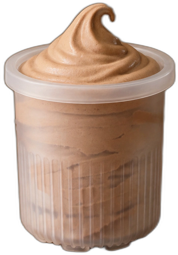 A Creami family pint of chocolate soft serve with a swirled peak, floating