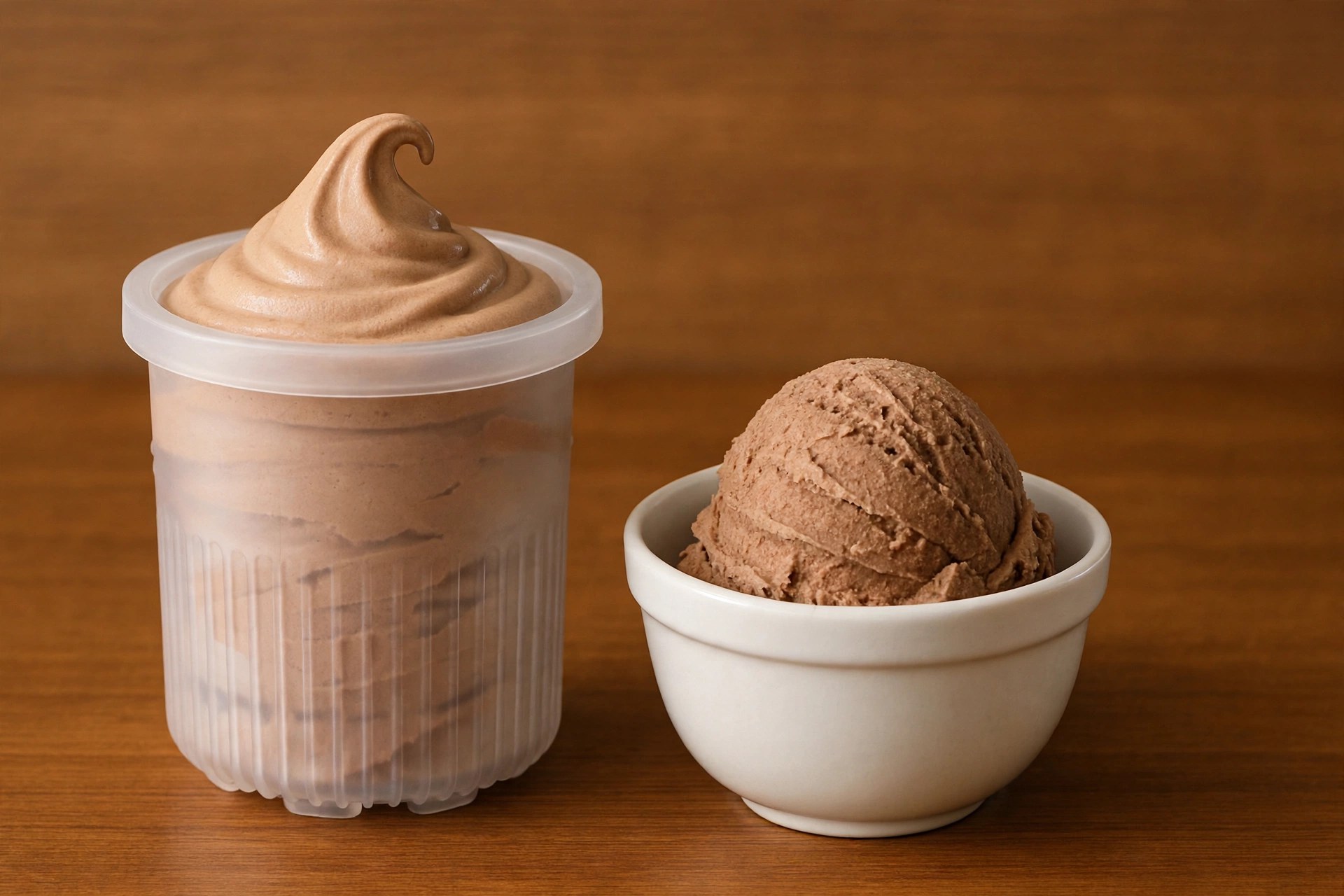 Chocolate soft serve in a Creami pint container with a scoop in a bowl beside it