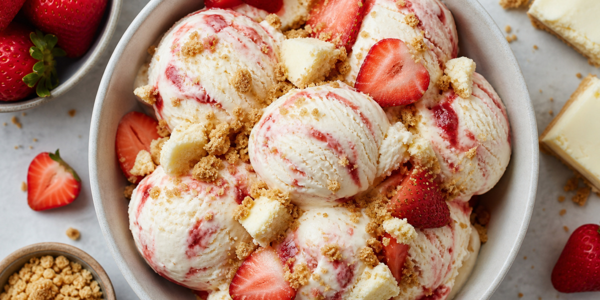 Strawberry cheesecake ice cream in a pint with fresh strawberries